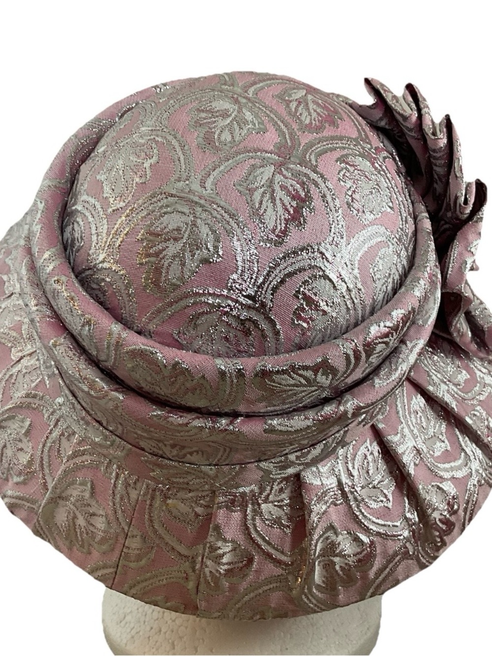 Mr Hi’s Classic Pink w/ Silver Metallic Hat w/Brooch ~Floral ~Church Hat - Picture 8 of 13